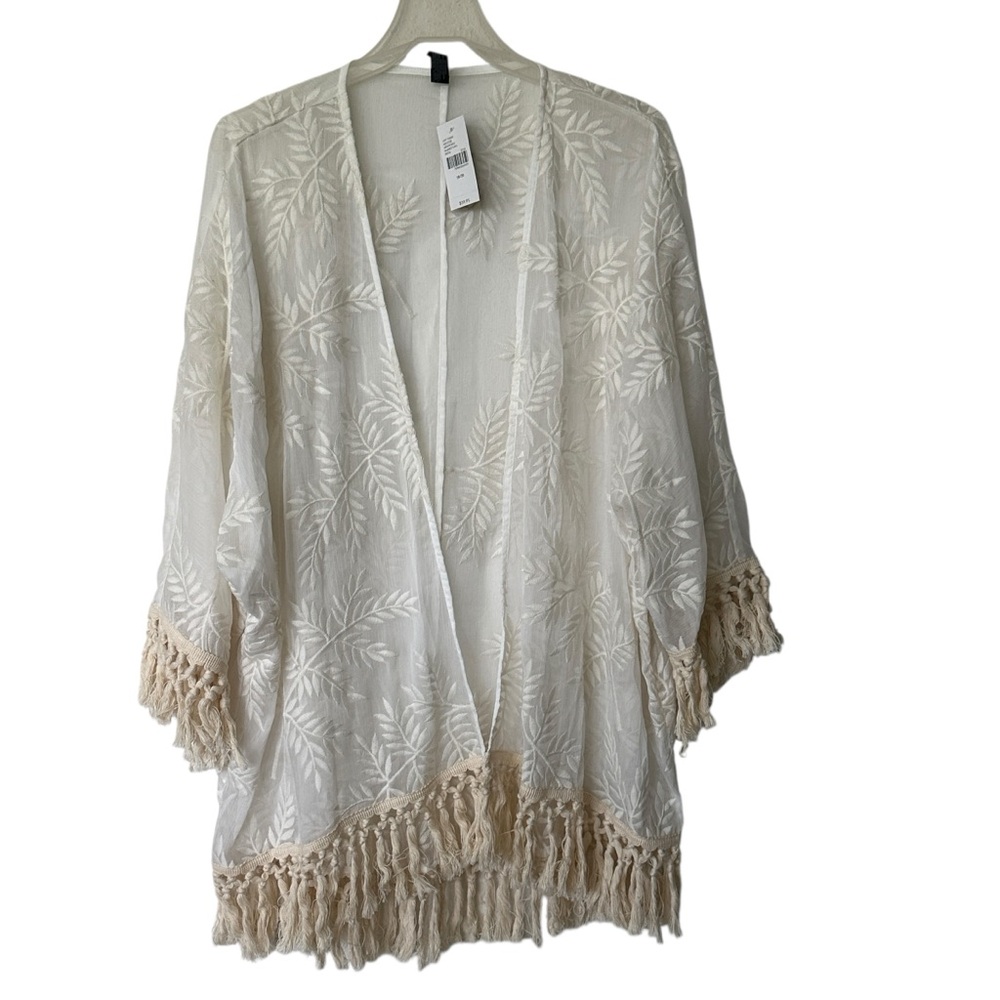 NWT Lynn Bryant Cream Fringe Kimono lace embroidered lightweight 20